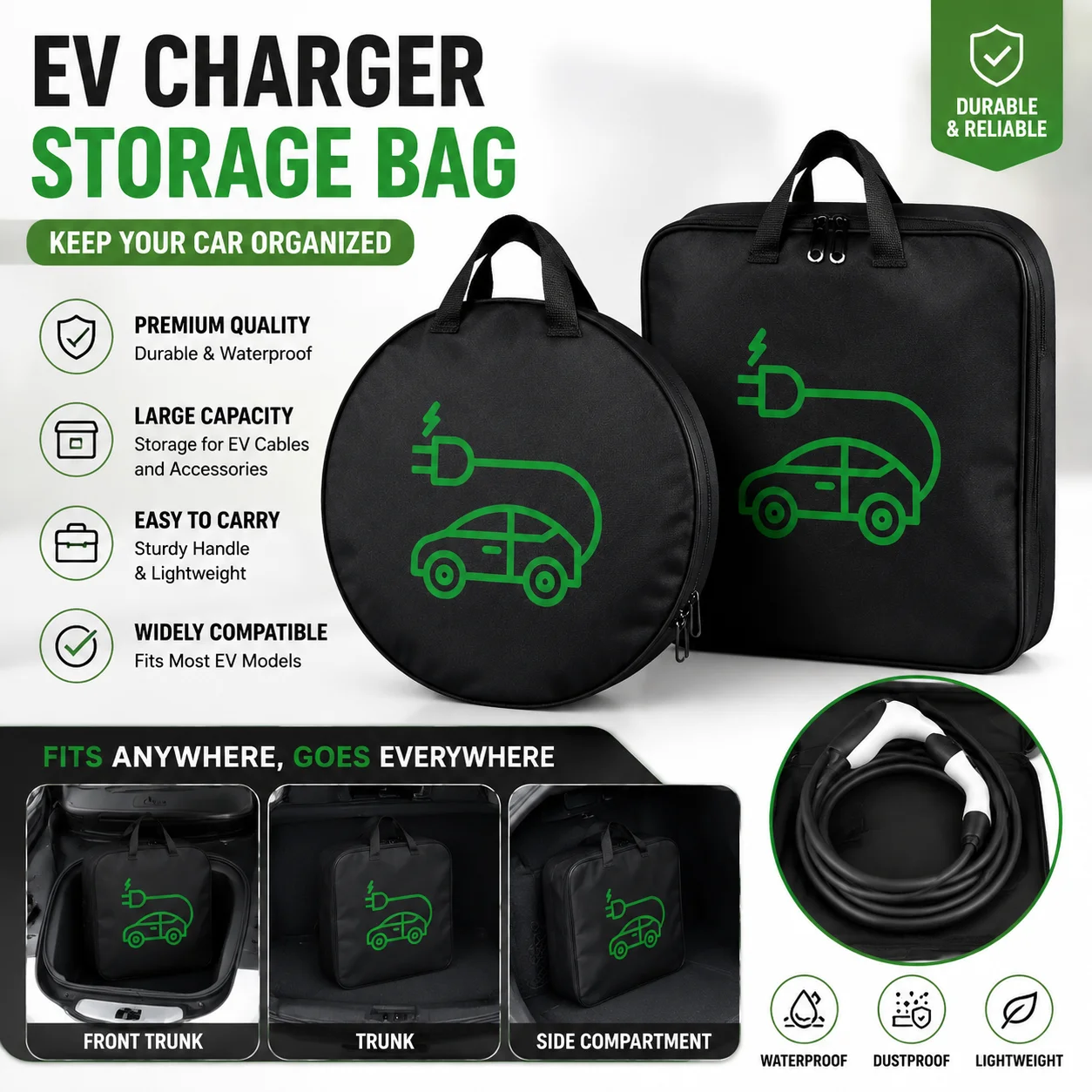 Waterproof EV Cable Bag Electric Car Charger Cord Organizer Handled Carrying Case for EV Extension Cord Adapter Trunk Storage