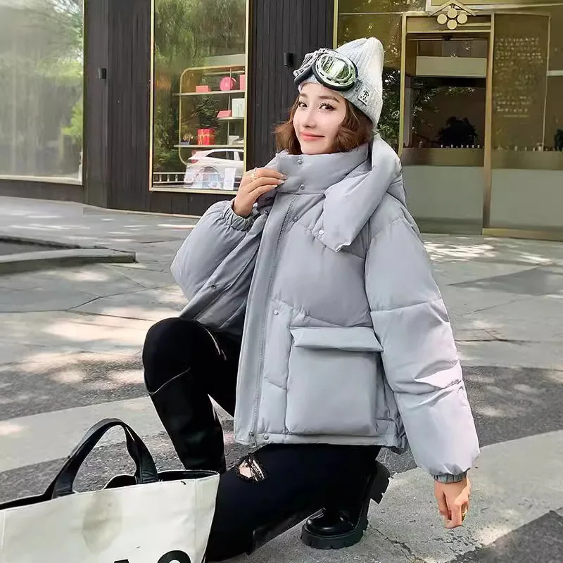 Short Parkas Coats Women Solid Jackets Drawstring Hooded Zipper Pocket Long Sleeves Thick Loose Office Lady Casual 2025 Winter