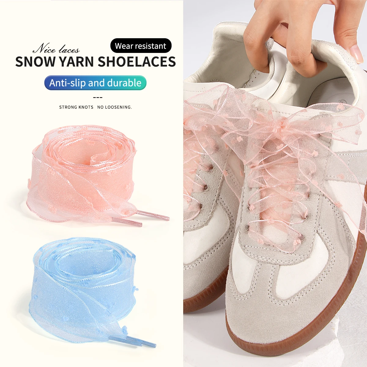 2.5cm Wide Chiffon Flat Shoes with Plush Dots Laces | Organza Fabric | Fresh Style Casual Shoes for Girls