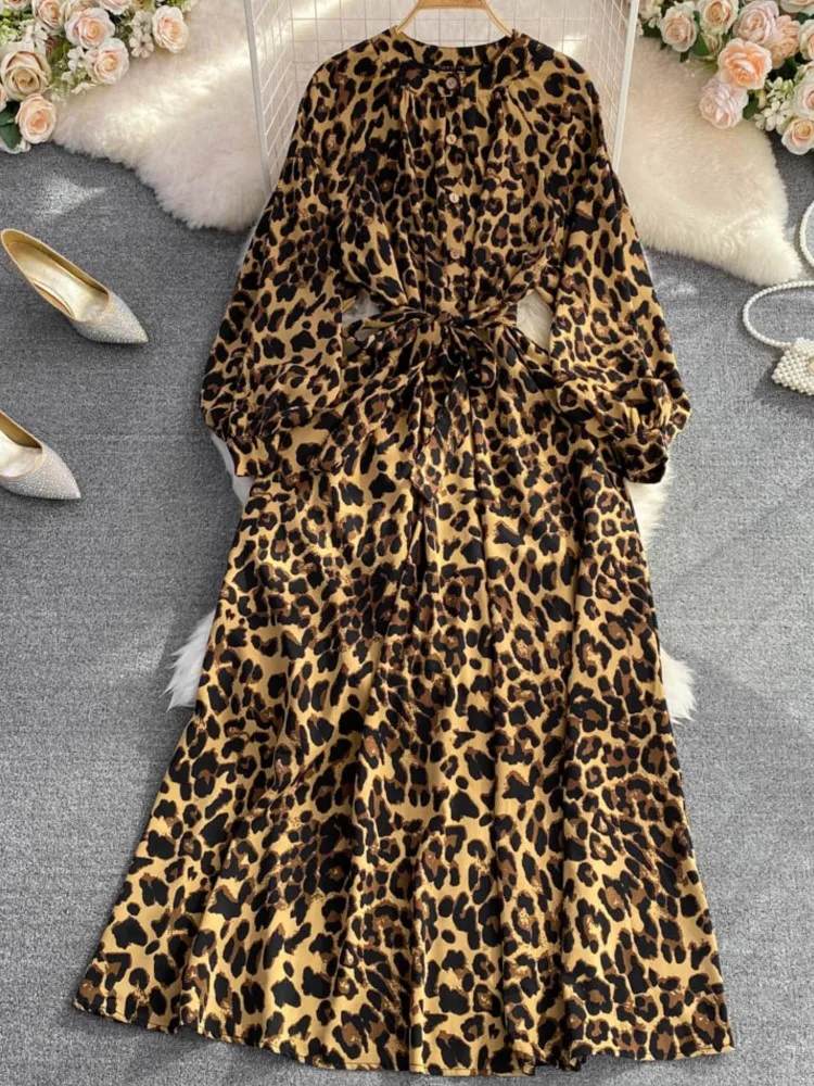 Vintage Women Casual Print Long Party Dress Elegant and Chic A-Line Leopard Prom Birthday Clothes Female Fashion Robe Autumn New