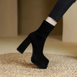 2024 autumn new frosted thick heel ankle boots womens elastic boots retro waterproof platform ultra-high heel skinny Women boots