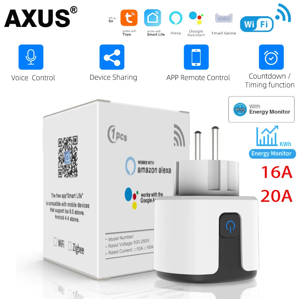 Kompatibel mit Tuya EU Smart Plug, 16A/20A WLAN-Smart-Steckdose, mit Stromüberwachung, unterstützt Alexa, Google Home und Yandex Sprachsteuerung.