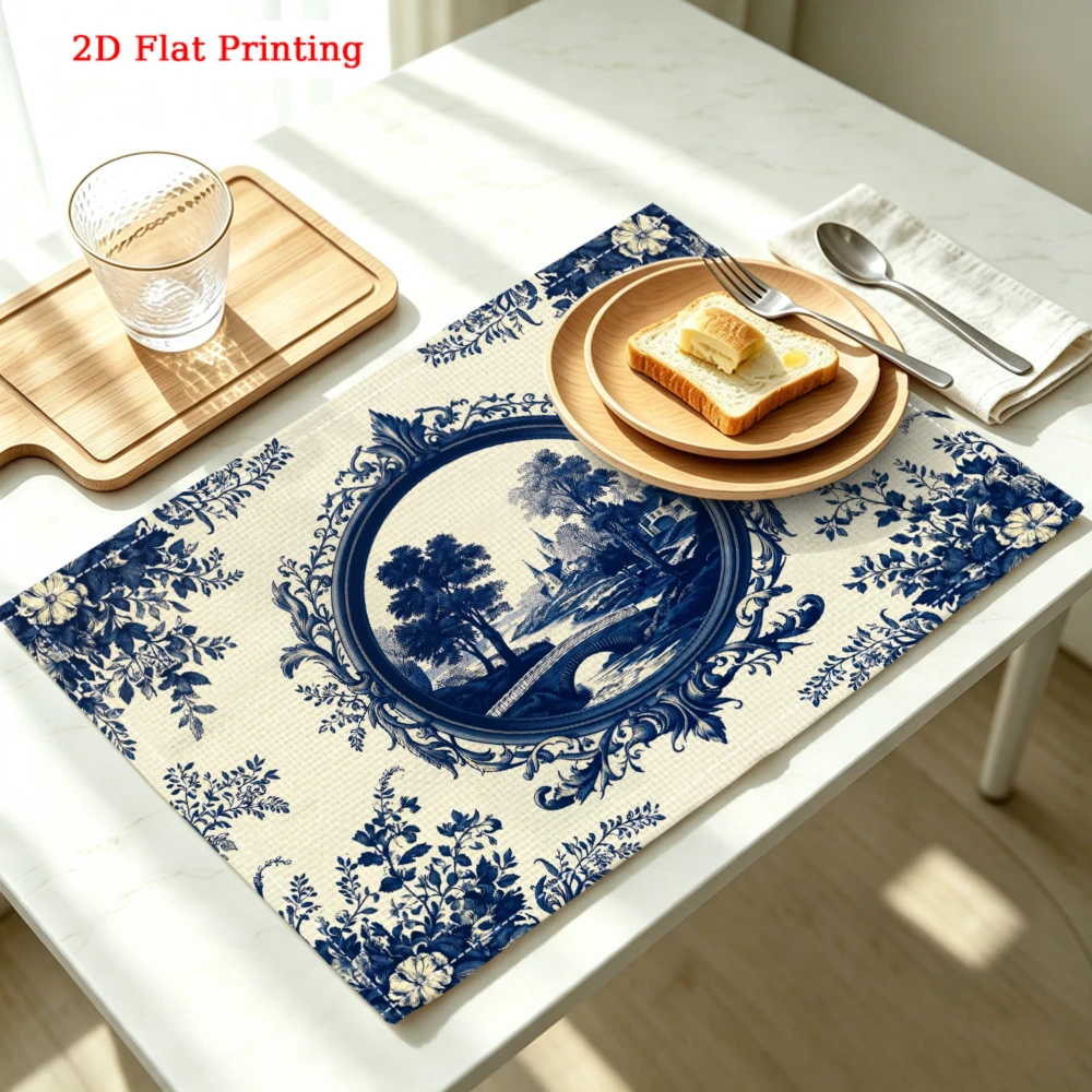 Blue White Floral Landscape Print Kitchen Placemat Coaster Linen Pad Dish Coffee Cup Table Mat 30x40cm Home Decor