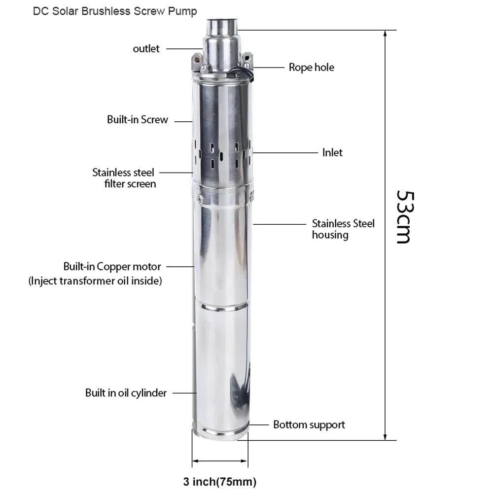 1HP Solar DC Water Pump High Head Lift 100M 48V 750W Solar PV Stainless Steel Drilling Submersible pump Max Flow 2000L Per Hour