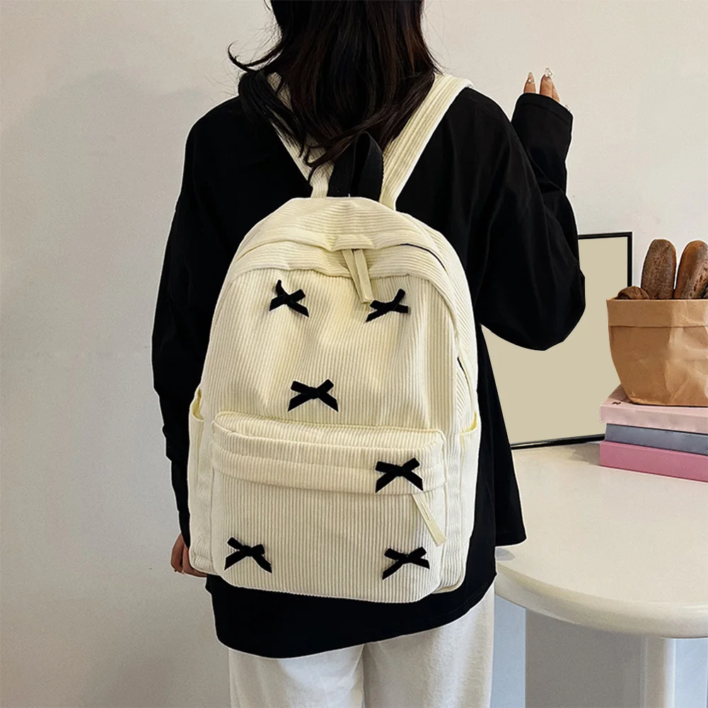 Black Bowknot Aesthetic School Bag for Girl Corduroy Teen Student Book Bag Large Capacity Travel Daypack College Laptop Backpack