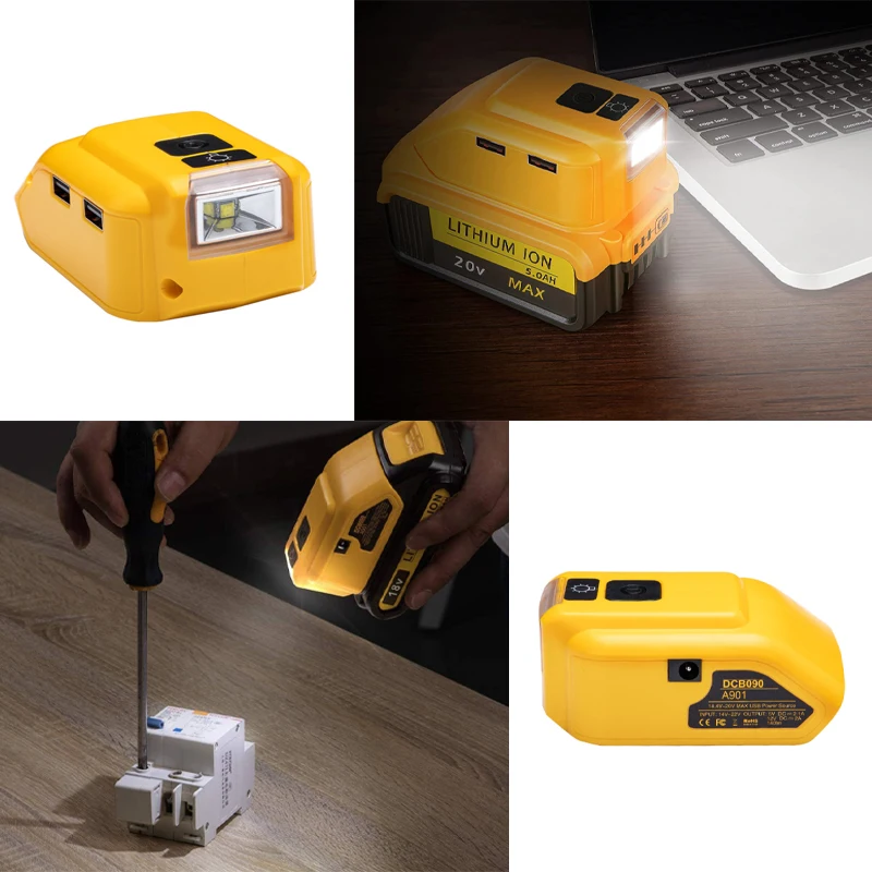 Adattatore batteria DCB090 per batteria esterna Dewalt 18V 20V con doppia luce di lavoro a LED di ricambio originale USB Type-C DC