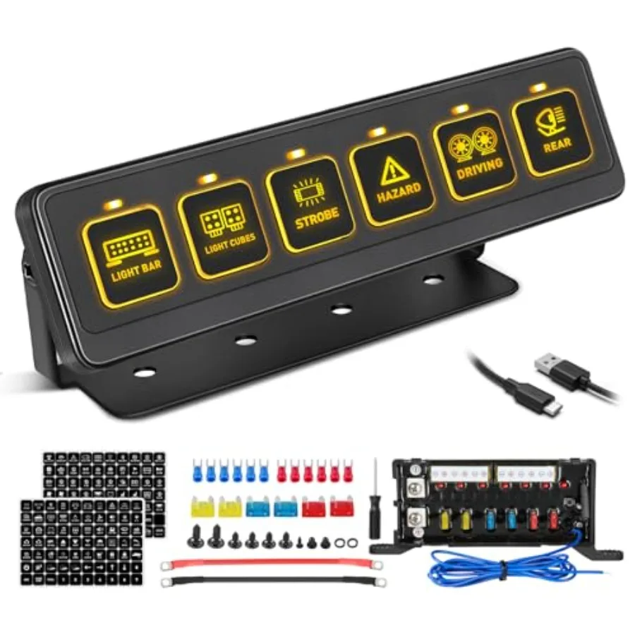 

6 Gang Wireless Switch Panel, Multifunction Remote Control Switch Box with Toggle Pulsed LED Switches Memory 4 Light Modes 12V