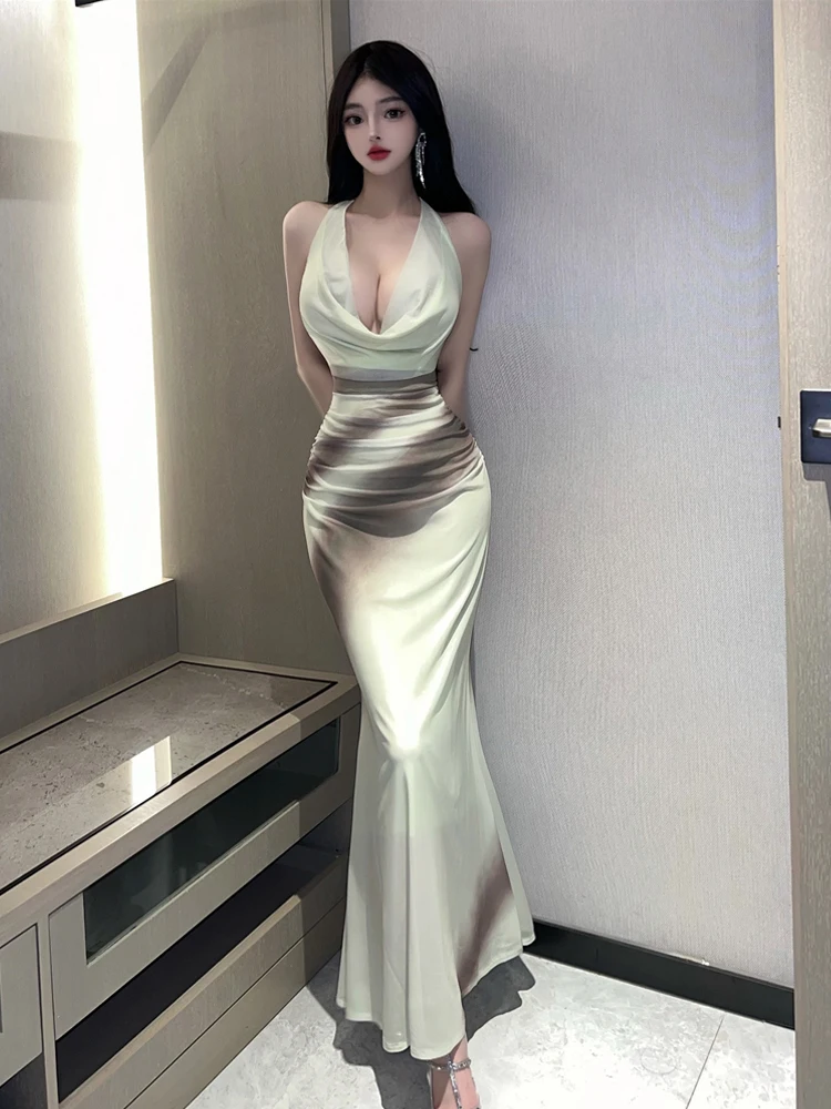 

Элегантное женское платье с глубоким вырезом, завязками на шее, длинное, с завышенной талией, фасон «рыбий хвост», с принтом, с запахом, юбка-обертка