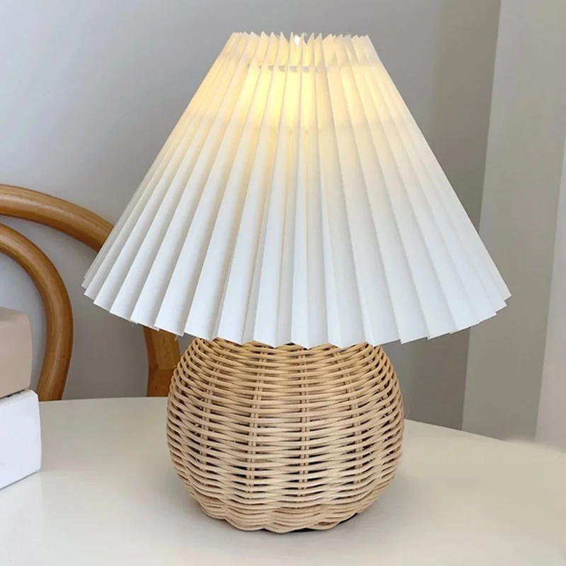 

Mini Table Lamp for Bedroom and Living Room - Rattan Pleated Aesthetic Vintage Nightstand Light