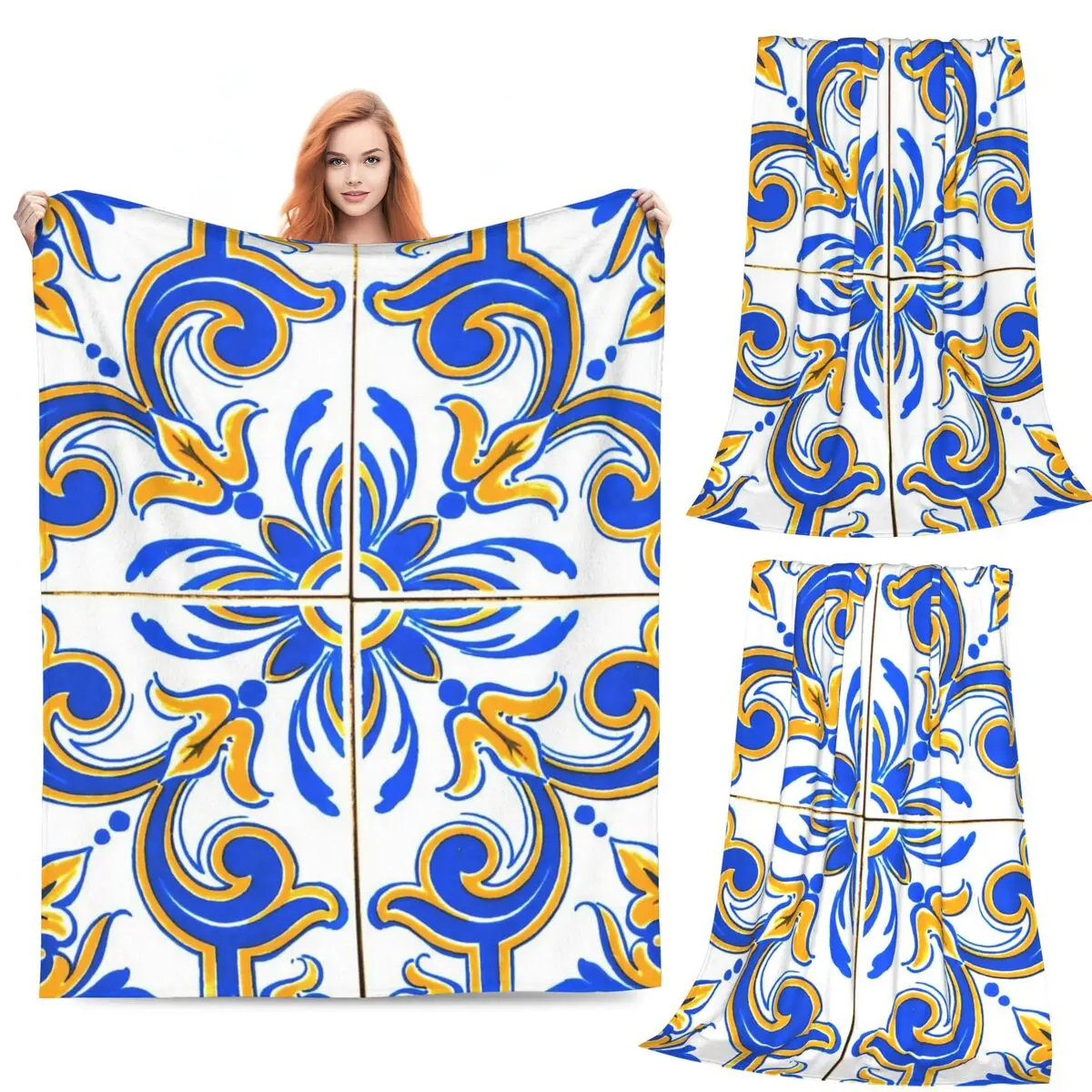 

Blue And Yellow Tiles Blankets Flannel Sofa Multi-function Throw Blankets for Couch Bedding Travel Throws Bedspread Quilt