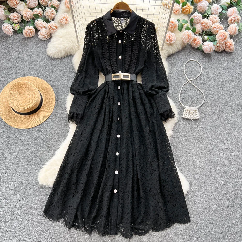 Elegant Black Lace Dress Women Lantern Sleeve Turn Down Collar Hollow Out Big Swing Long Dress Spring Autumn Ladies Party Dress