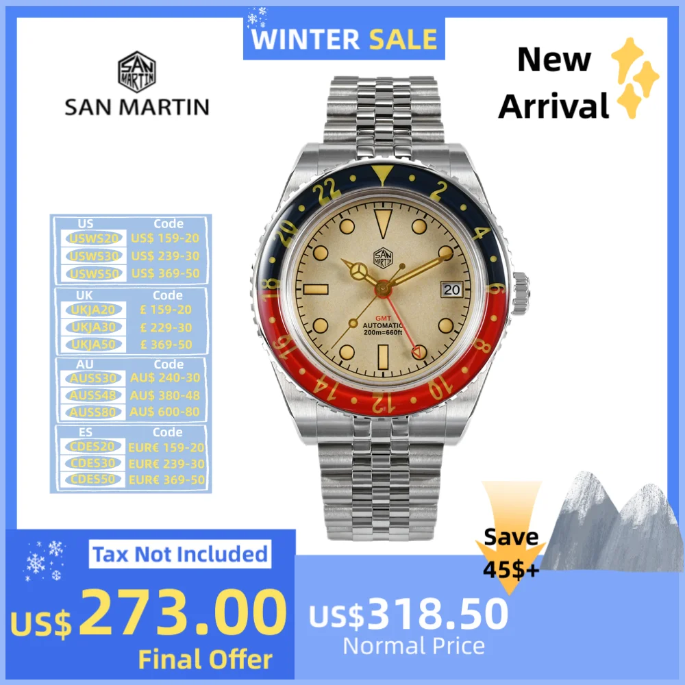 San Martin 40 millimetri NH34 GMT Orologi Per Gli Uomini Da Polso Meccanico Vintage di Lusso 20Bar Diving Sport C3 Luminoso Reloj Hombre SN0005B-3