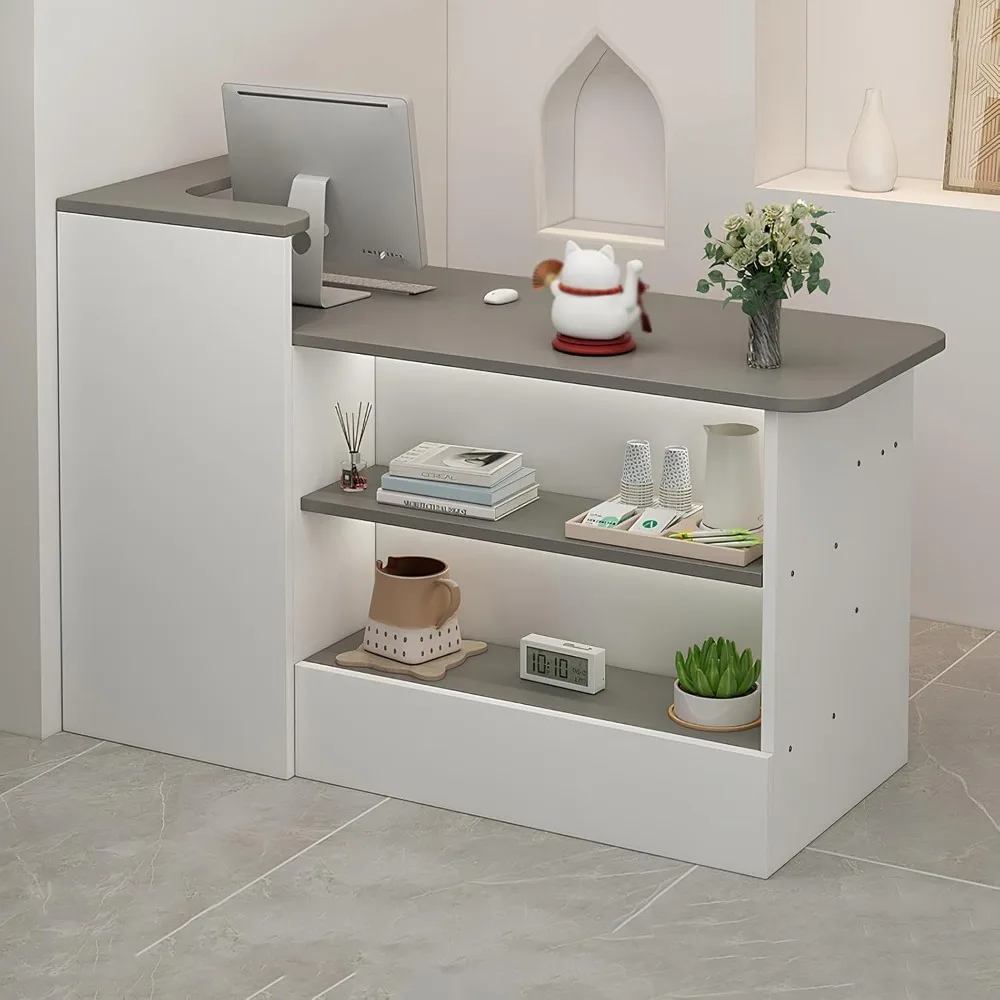 

L Shaped Reception Desk, Wooden Front Desk with Open Shelves, Modern Retail Checkout Counter with Drawers, for Office Hotel Stor