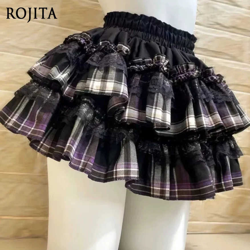 Dark Gothic Black Purple Plaid Lace Fungus Edge Fluffy Skirt Kawaii Plaid Layered Skirt