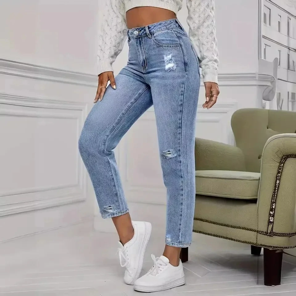 

Casual Washed Ripped Jeans for Women Spring and Summer New Fashion Straight Nine Minutes of Pants Women