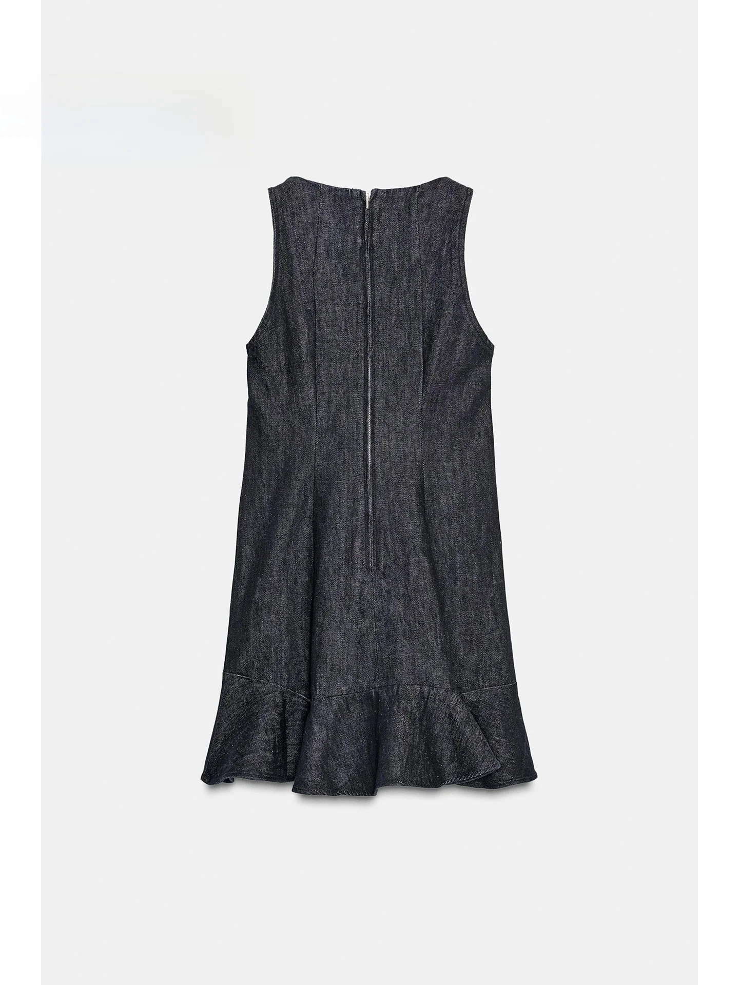 فستان قصير من الدنيم بدون أكمام وياقة مستديرة من ZAPRHA، مزين بطبقات، بأسلوب كاجوال، تنورة على شكل حرف A تناسب الجسم، مقاس صغ...