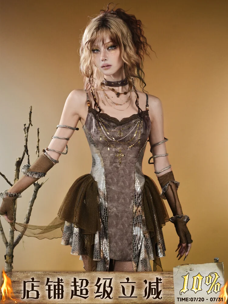 Original Design Retro Hot Girls Subculture Wasteland Snakeskin Patchwork Slip Dress Summer Vagabondage Mini Sexy Slim Dress