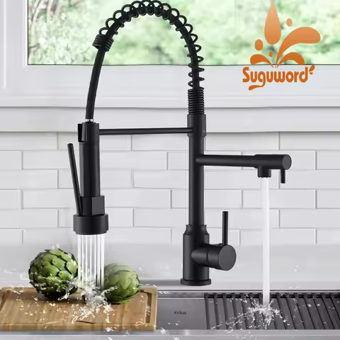 Kitchen Sink Faucet Pull Down Swivel Daul Spout Faucet Brass Deck Mounted Spring Single Handle Cold Hot Water Mixer Tap