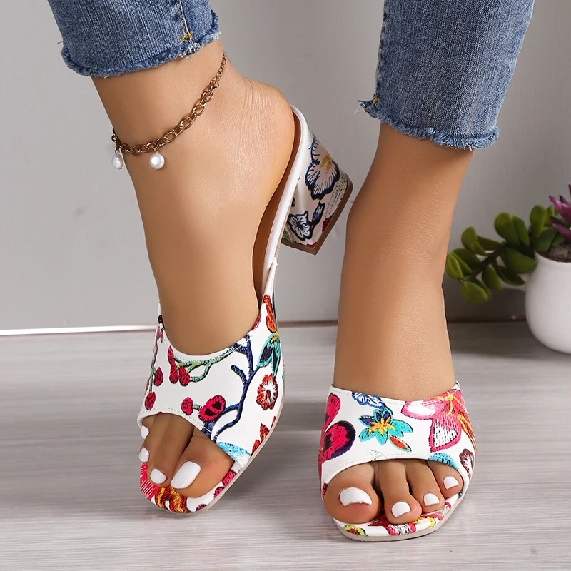 Womens Sandals Printed Summer 2024 New Thick-heeled Popular High-heeled Sexy All-match Half-slippers Open Toe Casual Basic Shoes