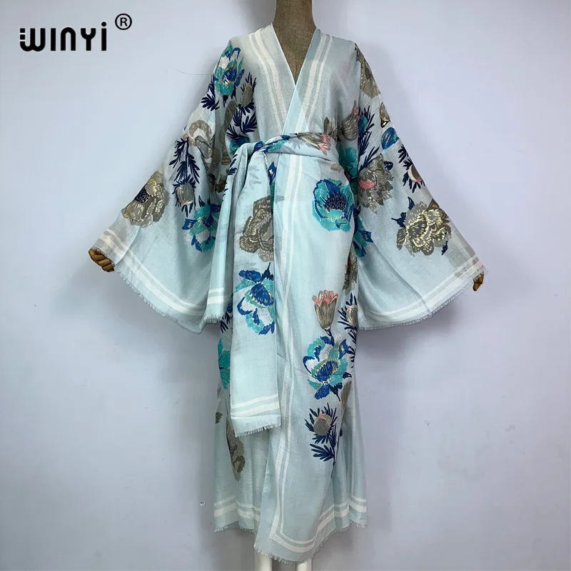 

WINYI Bohemian bronzing print Bikini Cover-ups Elegant Self Belted Kimono Dress Women Summer holiday Dress Beach Wear Cover up