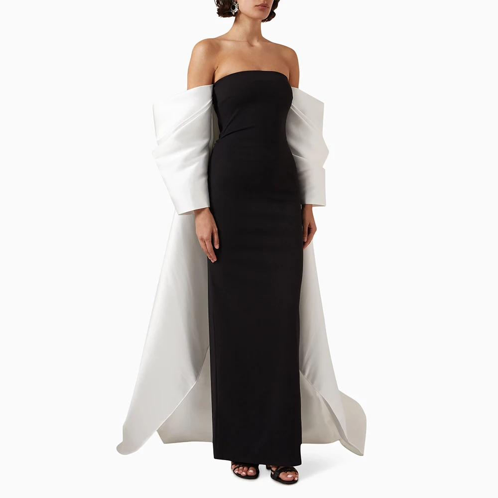 

Black Column Dress White Satin Off the Shoulder Formal Wedding Party Gowns for Women Watteau Train Elegant Evening Dresses Long