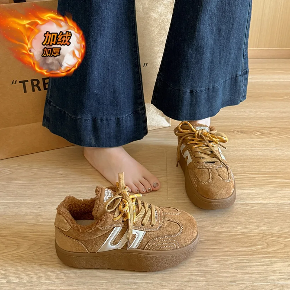 

Лидер продаж, бархатные туфли на толстой подошве, зима 2025, новый стиль, повседневные туфли на шнуровке в стиле ретро, обувь из хлеба и хлопка