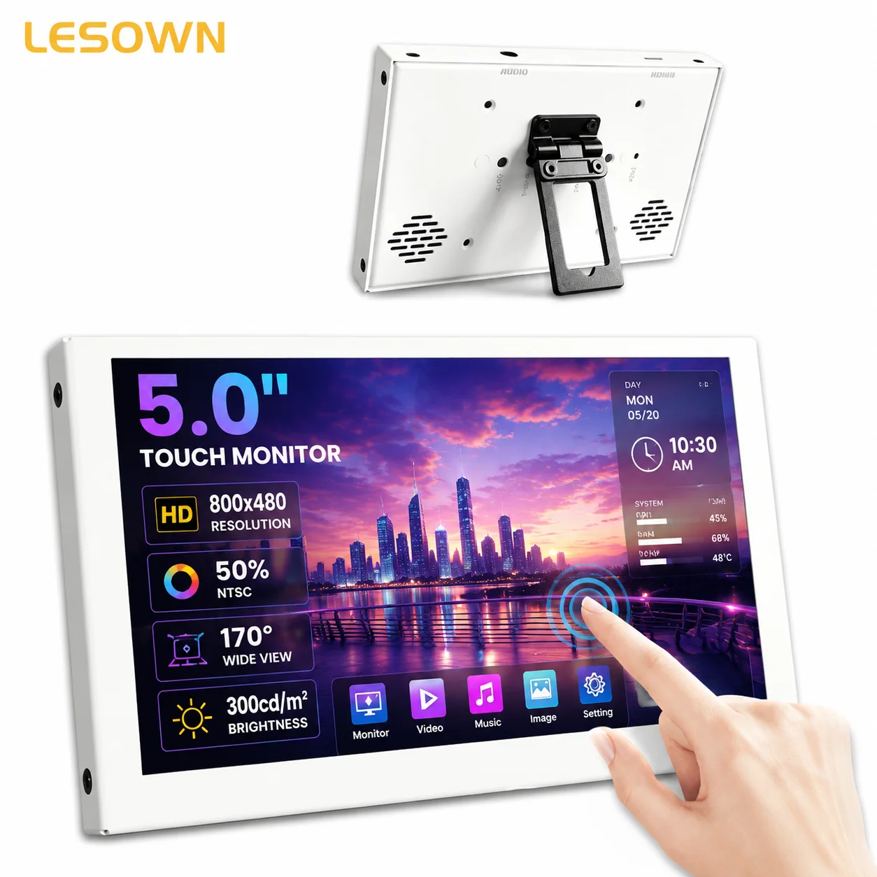 LESOWN 5 Inch Plug and Play PC Hardware Monitor No Driver White Alloy Chassis Sensor Panel miniHDTV