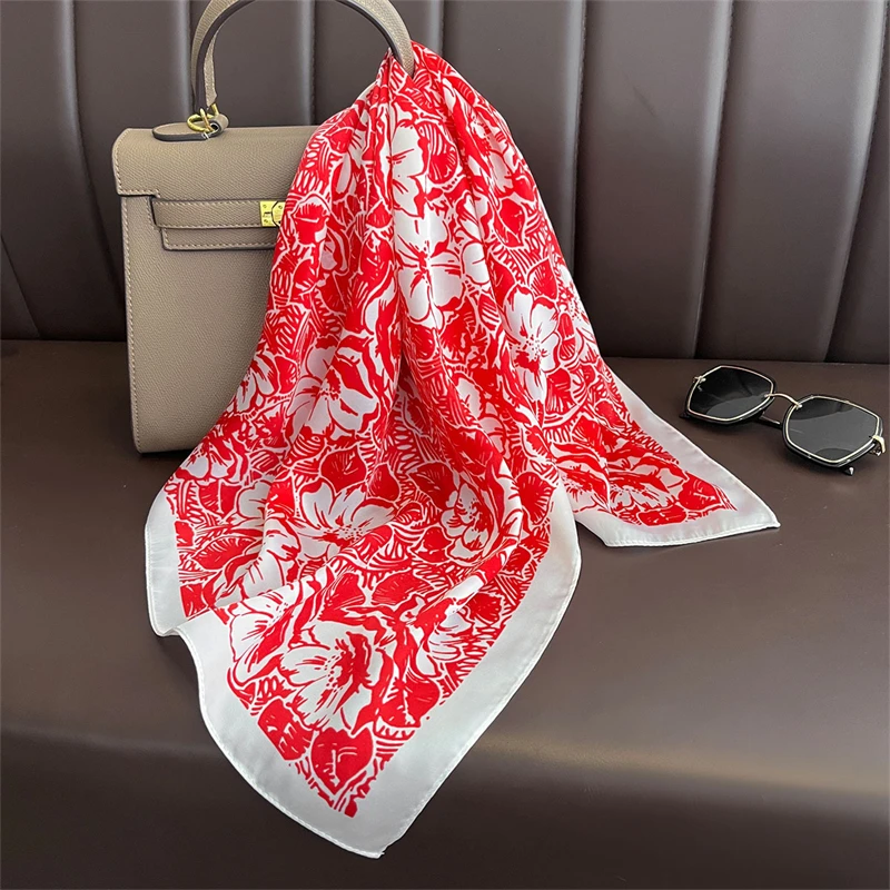 70cm 꽃무늬 프린트 스퀘어 스카프 - 여성을 위한 경량 실크 패션 액세서리, 우아한 목 머리 랩 쇼