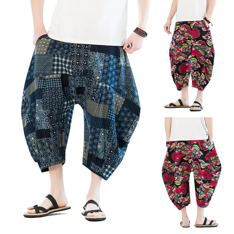 

Men'S Ethnic Stylish Drawstring Elastic Waist Loose Fit Baggy Stripe Linen Harem Beach Pants Cropped Trousers Bottoms Summer