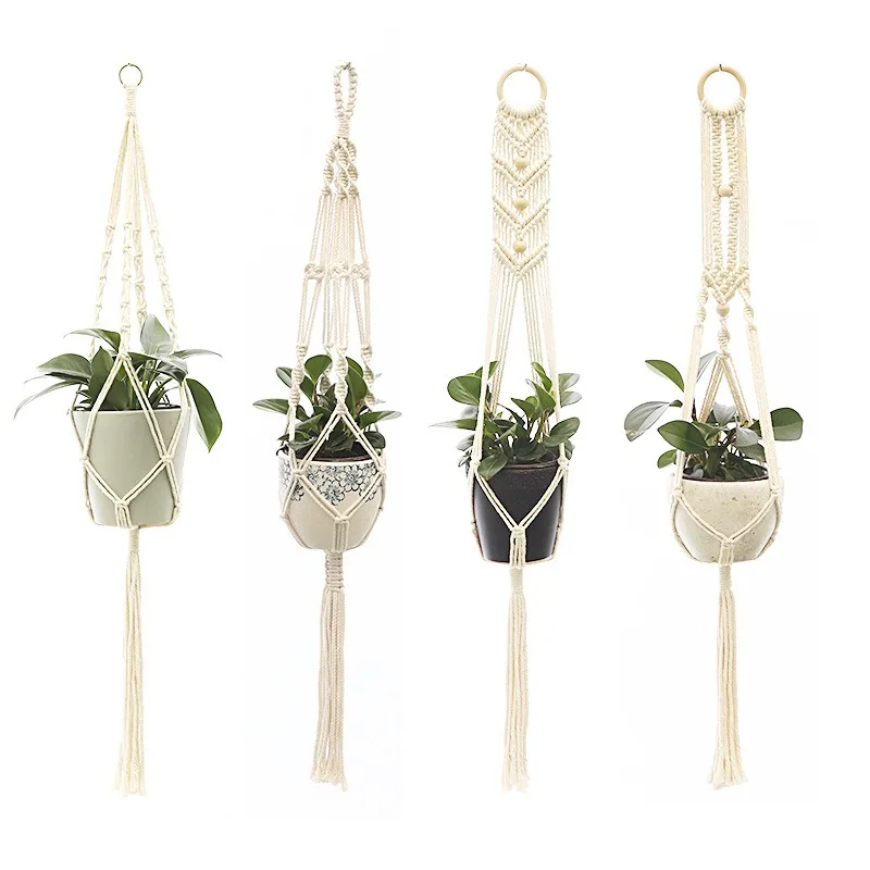 Gardening Green Plant Hanging Basket Cotton Rope Hanger Flower Pot Handmade Macrame Pot Pocket Wall Boho Courtyard Home Decor