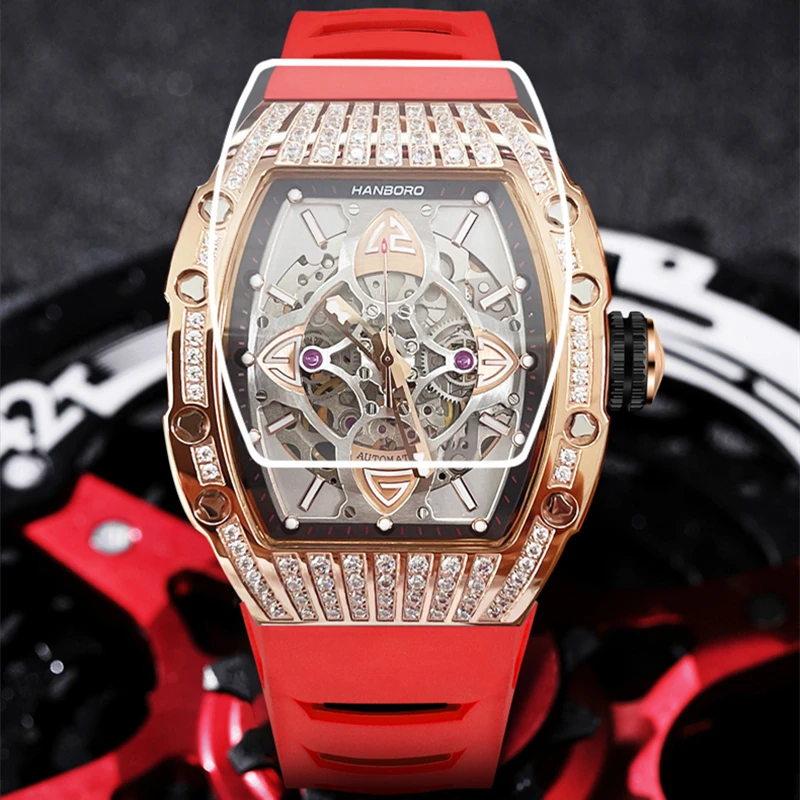 HANBORO Mens Watches Top Brand Luxury Japan 8N24 Movement Man Watch Mechanical Waterproof Shine Diamond Crystal Wine Barrel