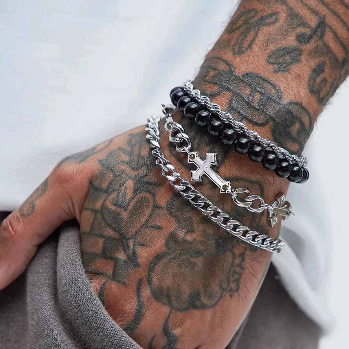 4Pcs/Set Punk Cross Beads Chain Bracelets For Men Simple Gold Silver Black Color Bracelets Sets Fashion Hip Hop Jewelry Gift New
