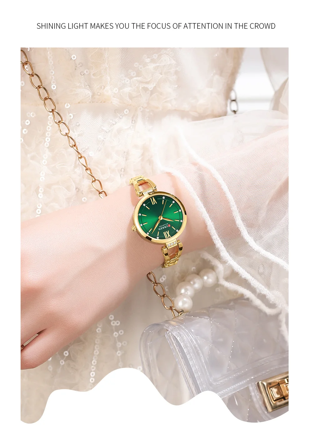 CURREN Luxusmarke Damen-Armbanduhr, wasserdicht, Edelstahlarmband, elegantes, charmantes Zifferblatt mit Strasssteinen, Damenuhr – Detail 11