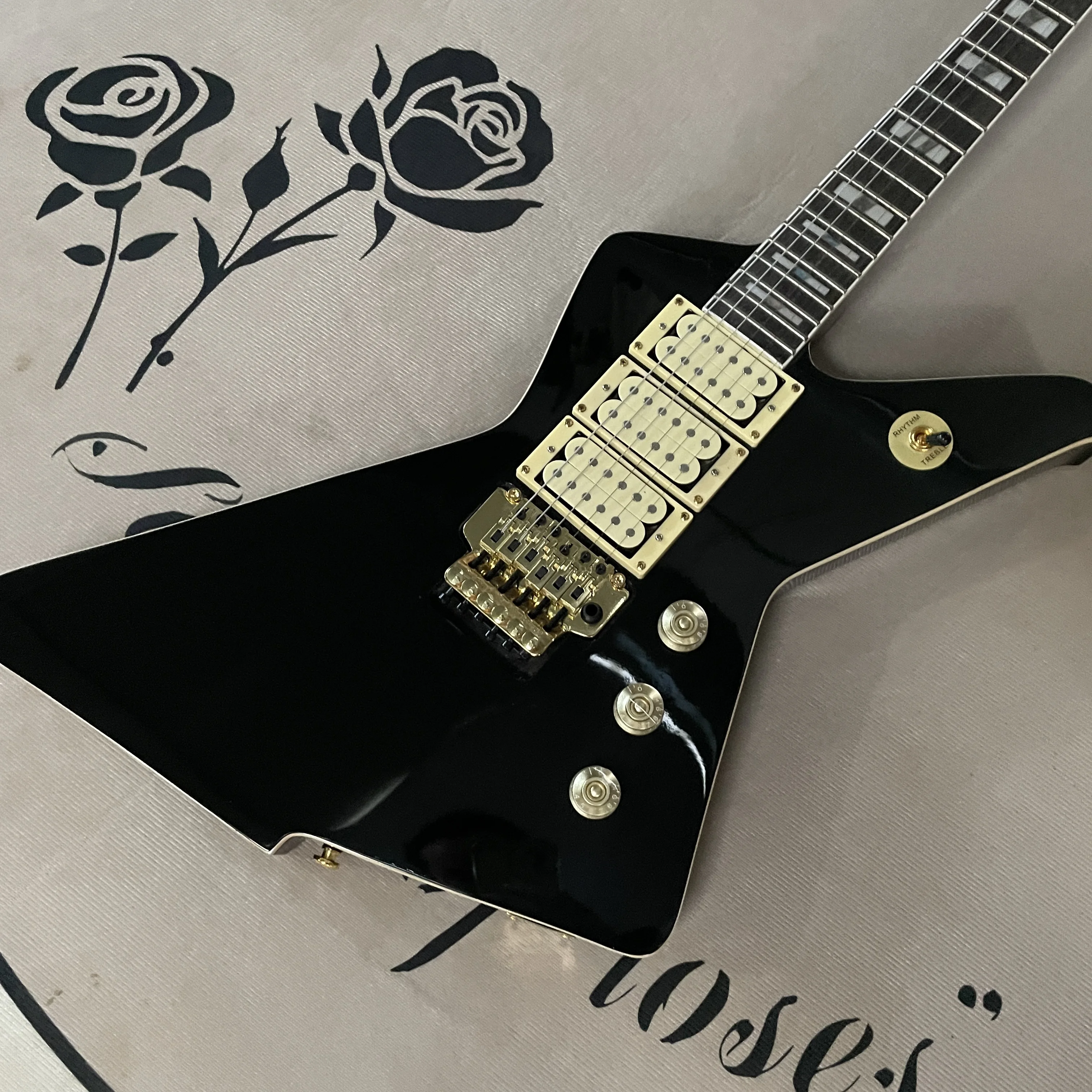6-String Black Electric Guitar, Rosewood Fingerboard Guitar, Gold Hardware Tremolo Guitar