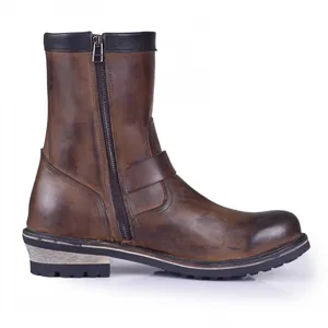 Botas altas de couro genuíno para homens, andar de motocicleta, sapatos de segurança de trabalho, fivela vintage, dedo do pé redondo, zíper, trabalho 8 principais vendas bota masculina engenheiro - №4