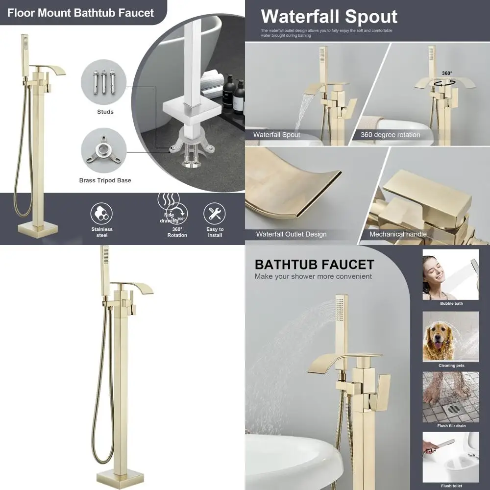 

Freestanding Bathtub Faucet with Floor-Mounted Tub Filler and Handshower in Brushed Gold Finish