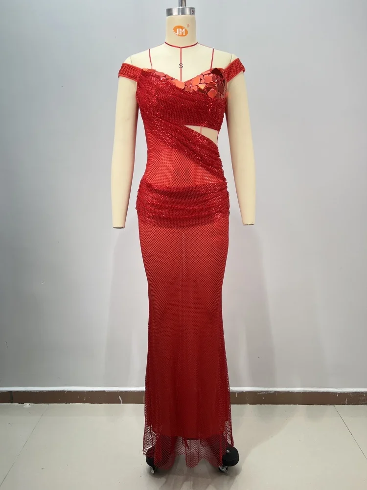 Glamorous Red Sequined Off - Shoulder Maxi Dress for Evening Party Sheer Mesh Bodycon Cutout Long Gown 2025 New Vestidos