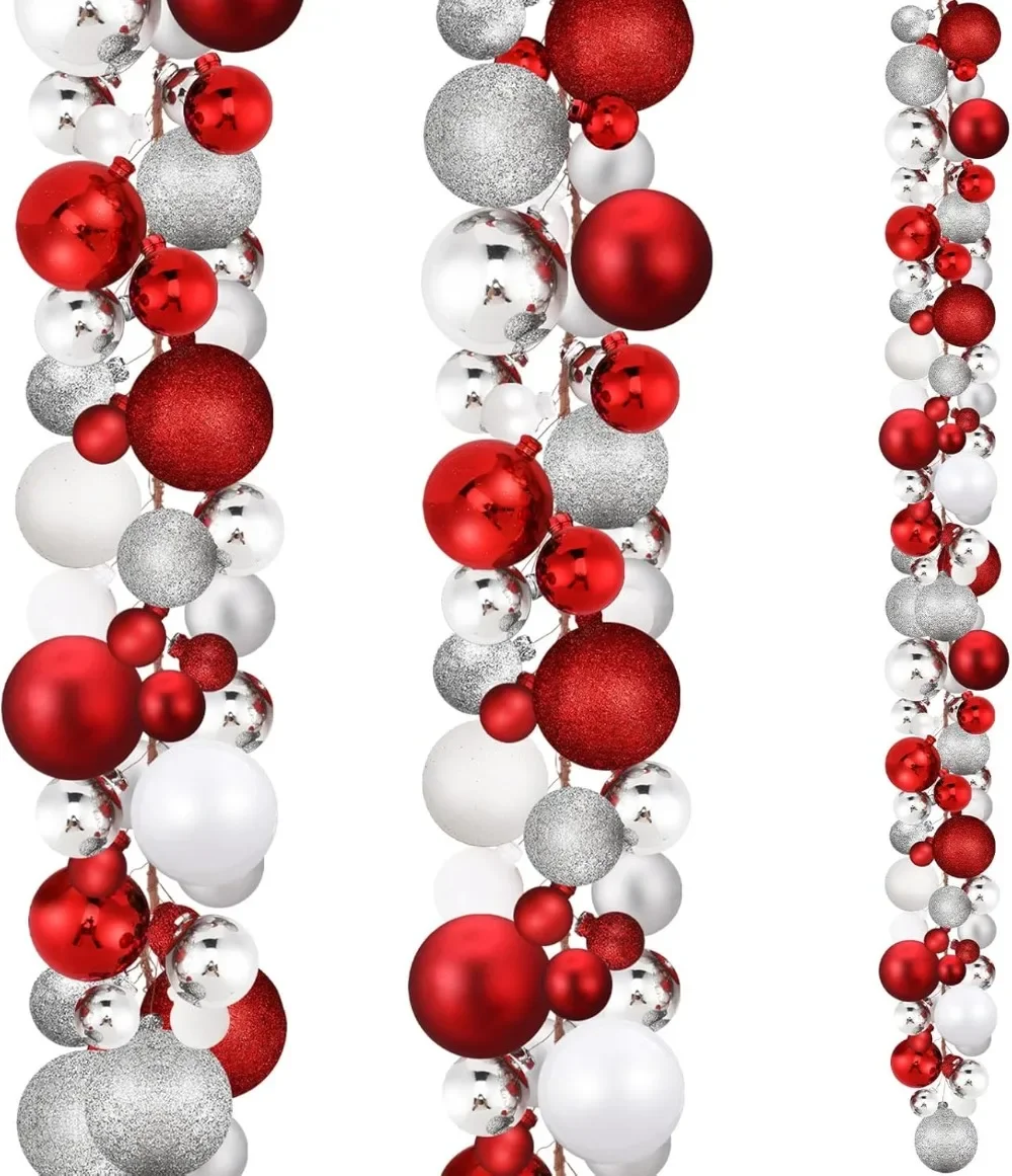 

Christmas Ball Garland 6.6 ft Ball Ornaments Christmas Bulb Garland Xmas Tree Bauble Garlands(Red, White, Silver,2 Pcs)