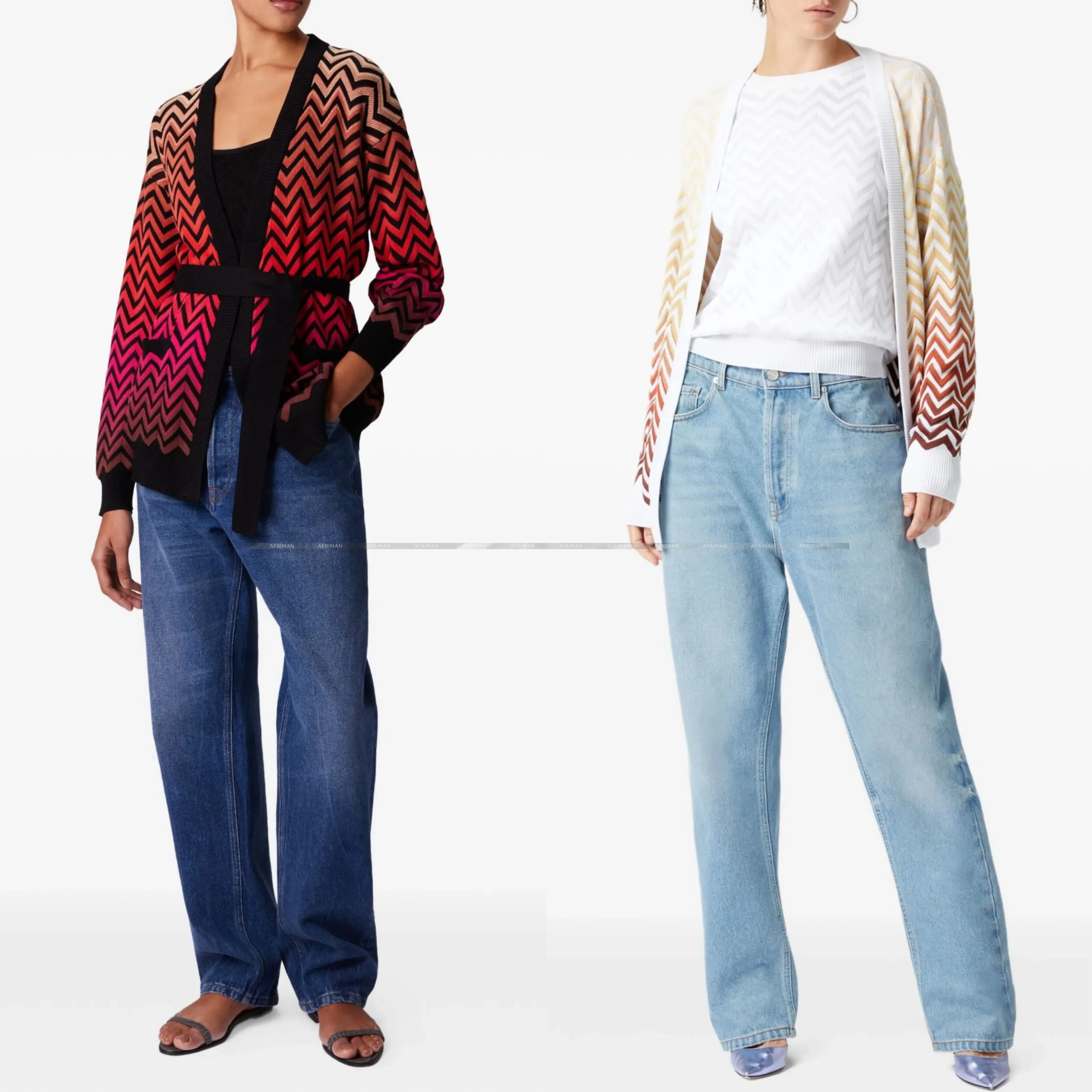 

Women Gradient Color Zigzag Woven Pocket Decoration Lace Up Knit Cardigans Sweater Coat