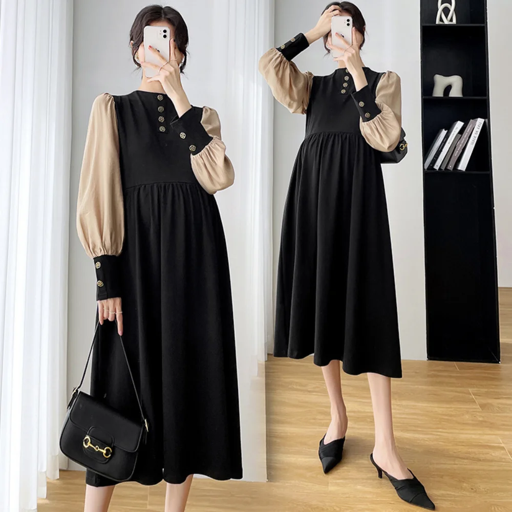 2023 Autumn maternity dress Elegant Fashion Button Dress pregnant women clothing Long Sleeve Patchwork Vestido de fotografia