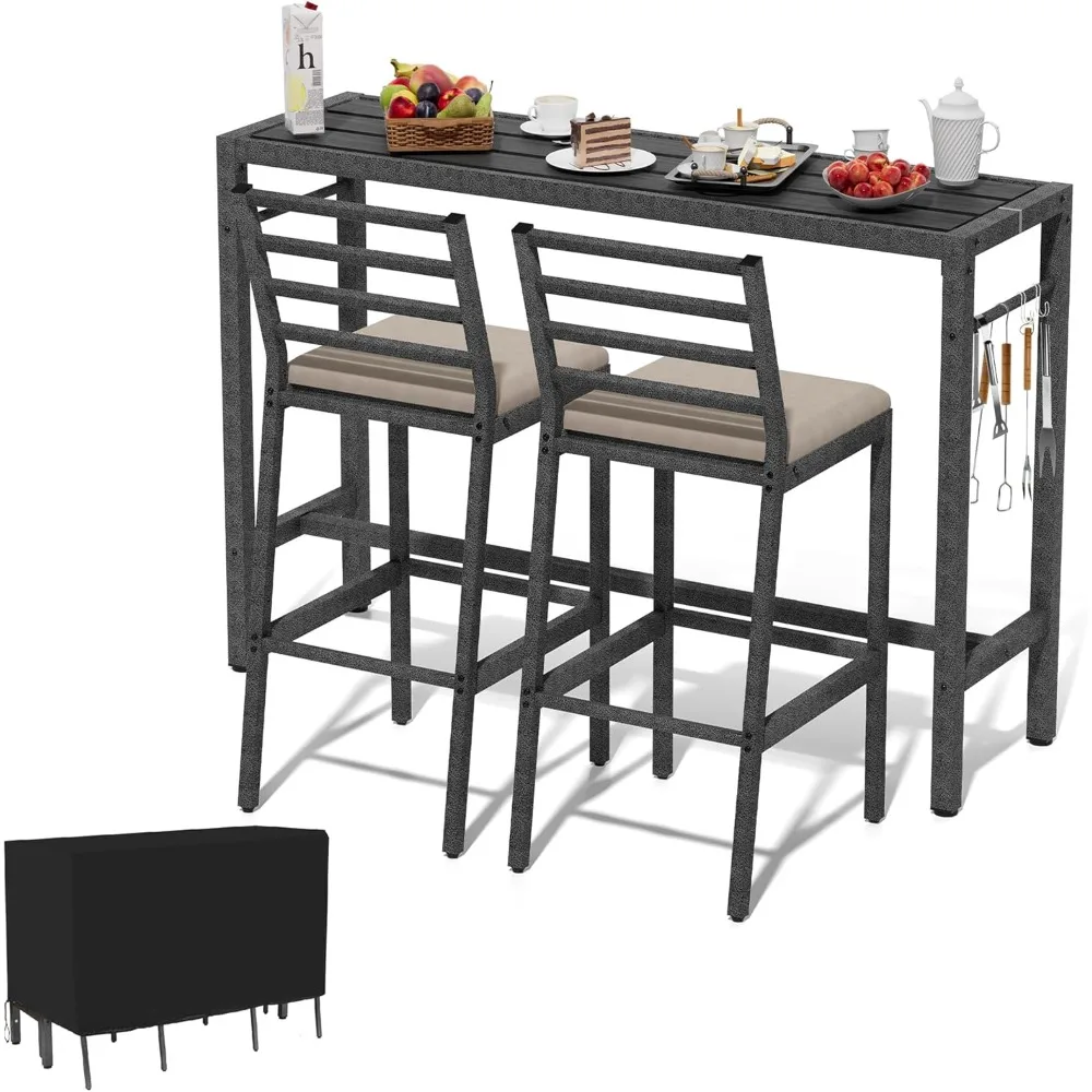 

3Pcs Outdoor Patio Bar Set, 55" Rectangular Pub Height High Top Bar Table with 2 Cushioned Bar Stools & Cover, All-Weather Metal