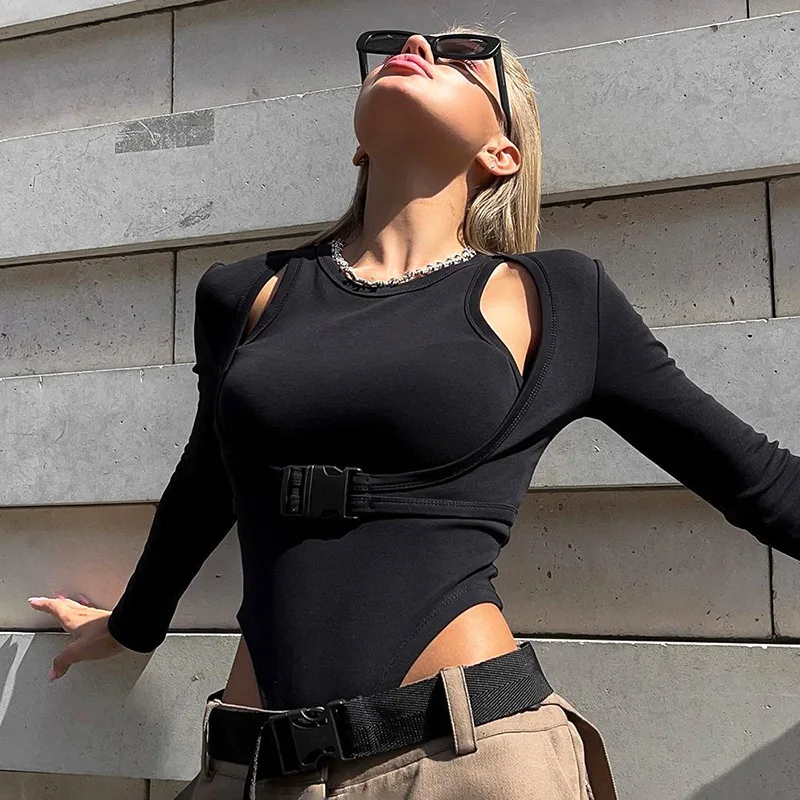 

Long Sleeve Bodysuit Hollow Out Top Women Button Up Gray T Shirt Autumn Winter Body Solid 90s Streetwear Skinny Black Bodysuits