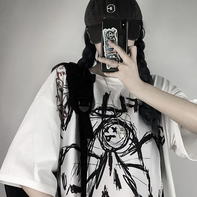 Punk Vintage KoreanFashion Goth Graphic Women Y2k Top Style Crop O-neck Tshirt Japanese Streetwear Short Sleeve T-shirt Camiseta