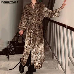 INCERUN Tops 2024 Fashion Men's Long Knee Length Shirts Sexy Leopard Print Satin Strap Design Long Sleeved Cardigan Blouse S-5XL