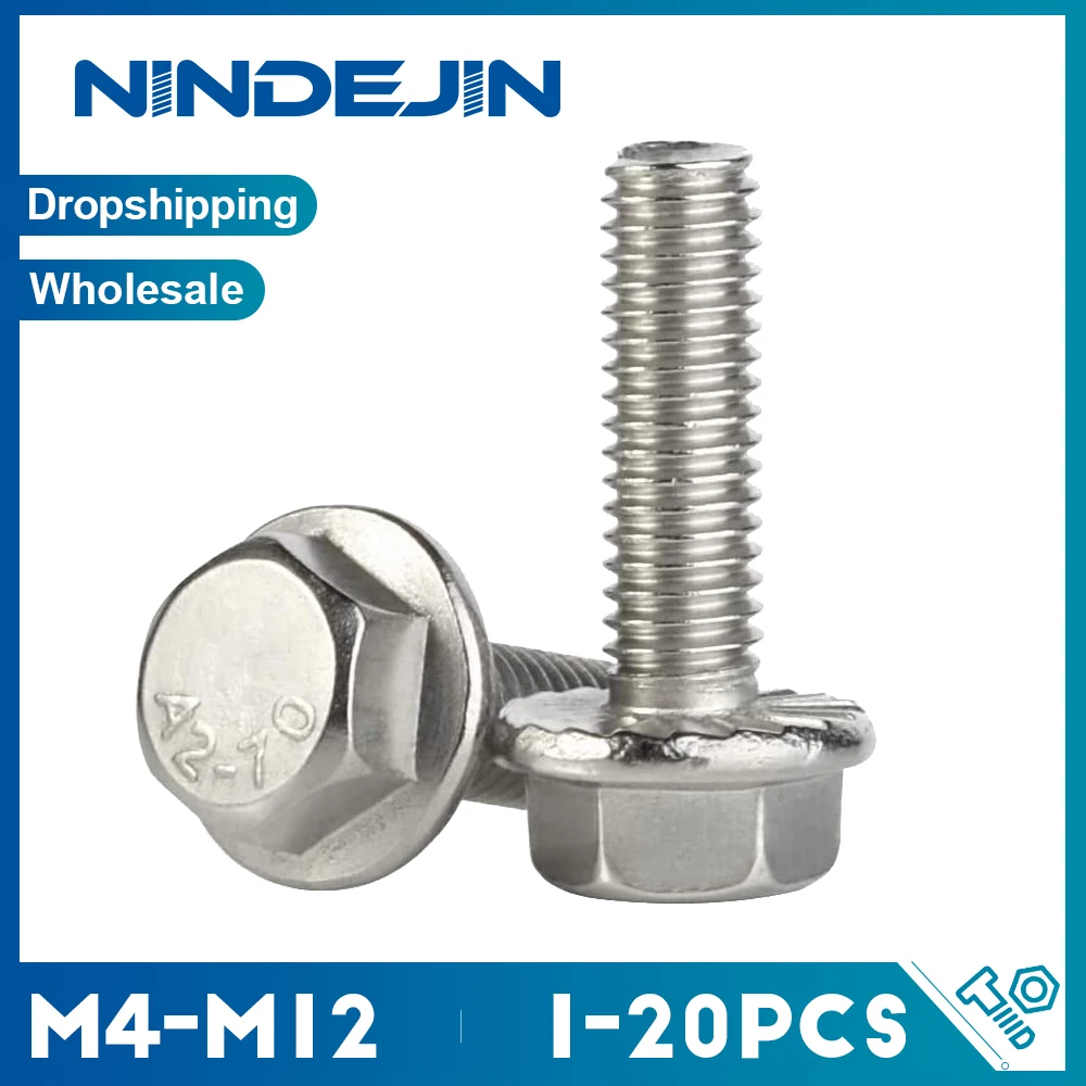 1-10szt Śruba z kołnierzem sześciokątnym 304 Stal nierdzewna M4 M5 M6 M8 M10 M12 Śruba z łbem sześciokątnym z ząbkowanym kołnierzem DIN6921 GB5787