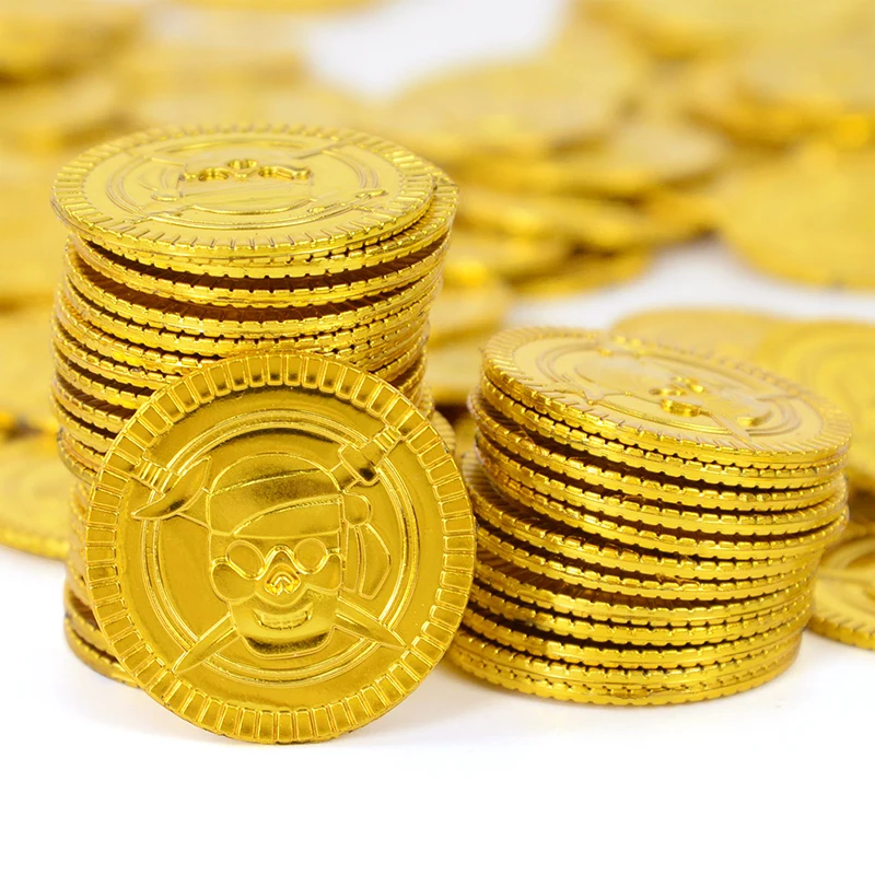 50pcs 3.5cm Pirate Fake Plastic Gold Coin Kids Birthday Party Decor Pirate Treasure Box Halloween Party Decoration Supplies