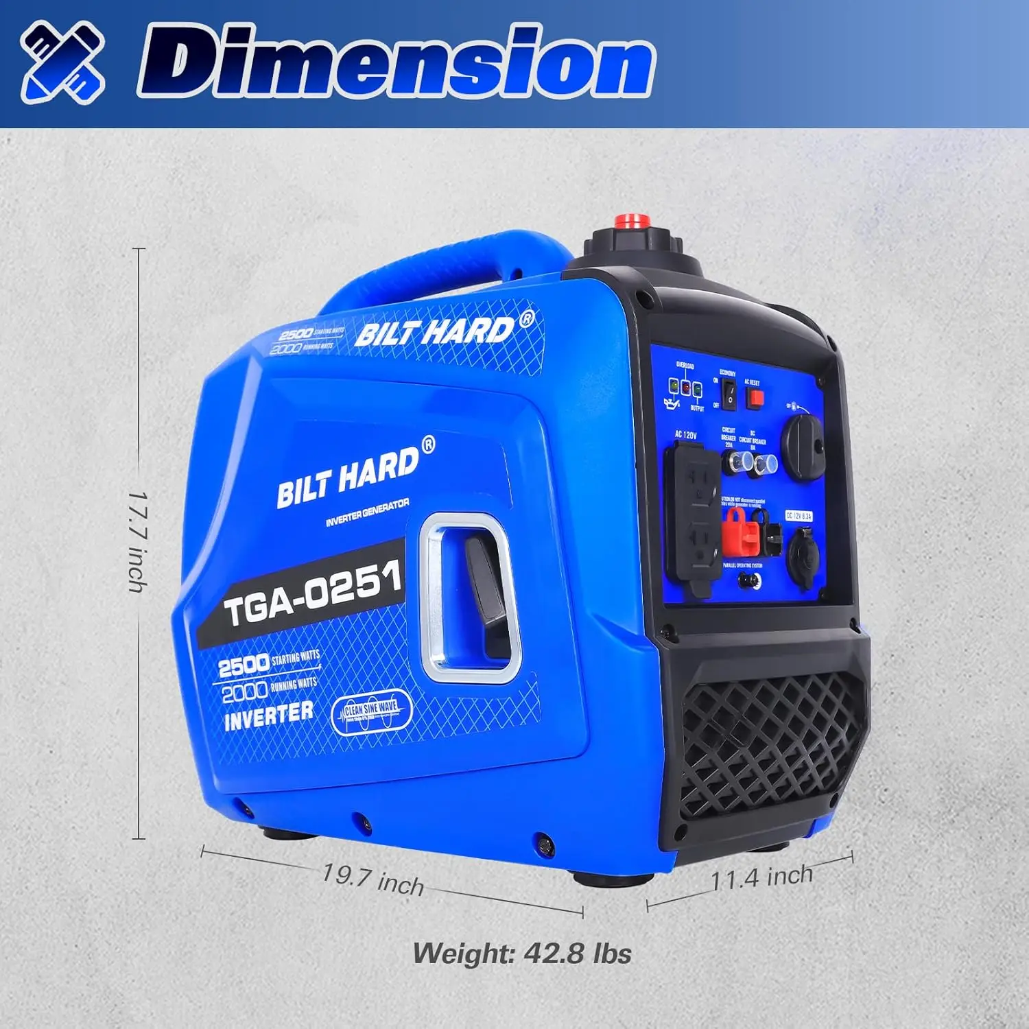 Generator 2500 Watt, Quiet Inverter Generator Portable 80cc 4 Stroke Engine, 120V AC Duplex Receptacle and 12V DC Output