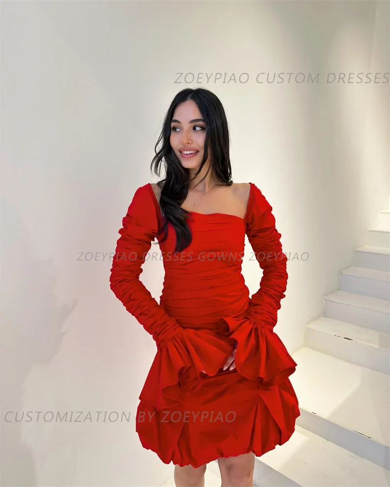 Principessa elegante rosso macchia corta abiti da ballo senza spalline maniche lunghe Mini lunghezza semplice personalizzato a-line Club abito da sera formale