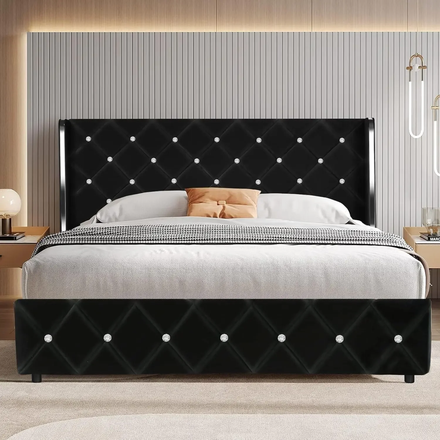 Queen Size Bed Frame with Headboard Black Velvet Upholstered Wingback Diamond Headboard Wood Slat Support No Box Spring Needed