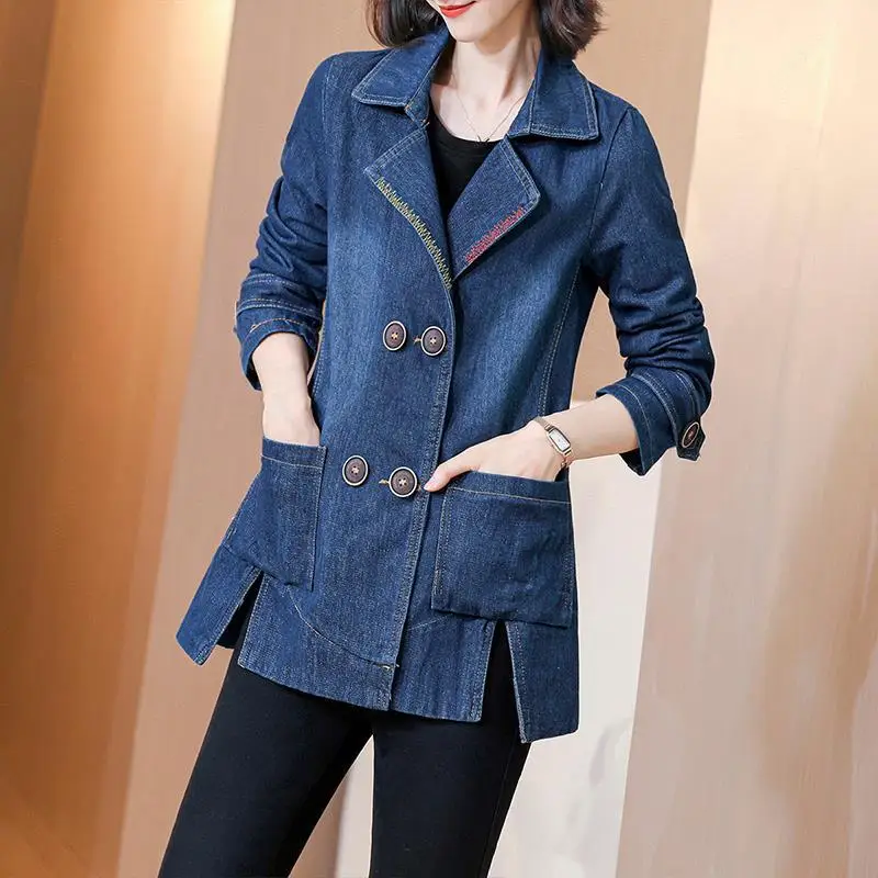 Denim Jacket Coat Women Double Breasted Full Sleeves Vintage Windbreaker Female Long Jean Jacket Outerwear Tops NewSpring Autumn